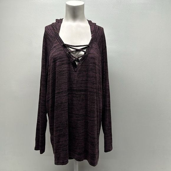torrid Tops - Torrid Super Soft Plush V-Neck Strappy Hoodie Purple Heathered Plus Size 2X